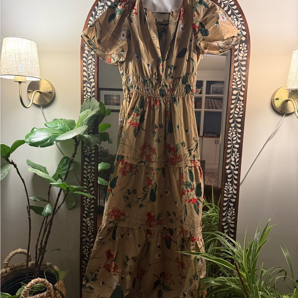 Anthropologie Floral Sleeve Dress in Tan and Red